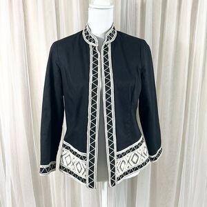 Chico’s black and ivory geometric open front blazer jacket